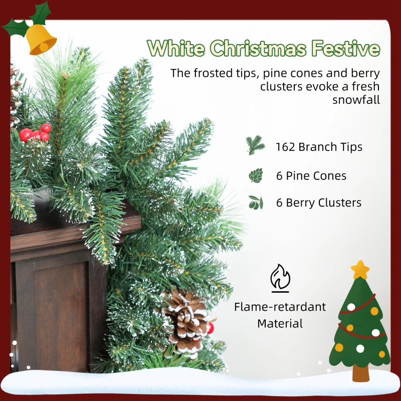 HOMCOM Ghirlandă de Crăciun 183 cm cu Crengi Înzăpezite și 30 de Lumini Albe, Conuri și Boabe pentru Interioare