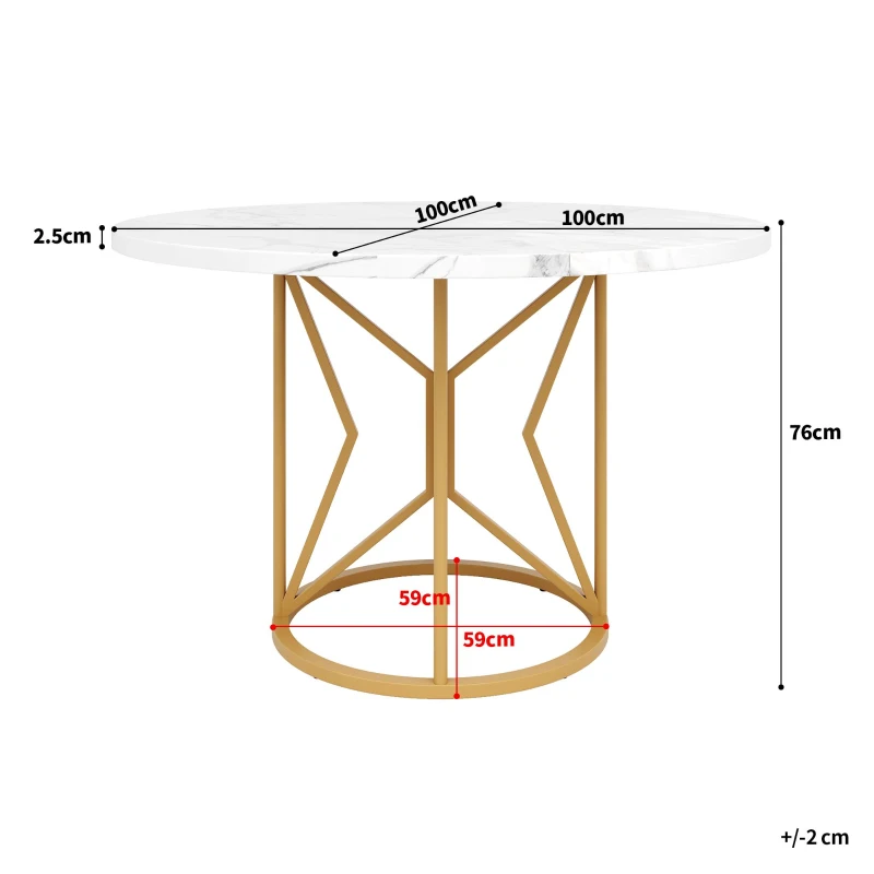 Tavolo da pranzo rotondo in MDF, gambe in metallo, 100x100x76 cm, Bianco e Oro