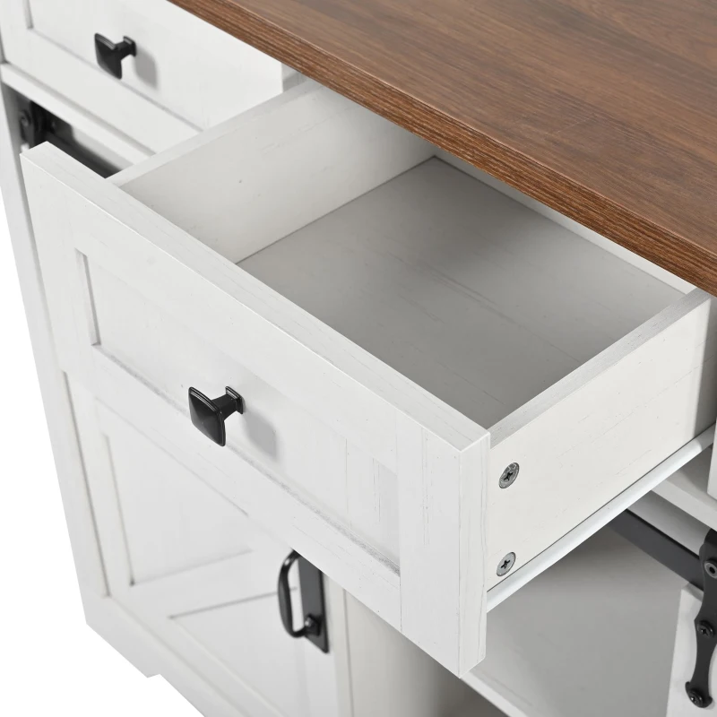 Îlot de cuisine avec plateau rabattable, chariot de service sur roulettes avec 2 portes coulissantes et 3 tiroirs, 140x45/73x94 cm, Beige