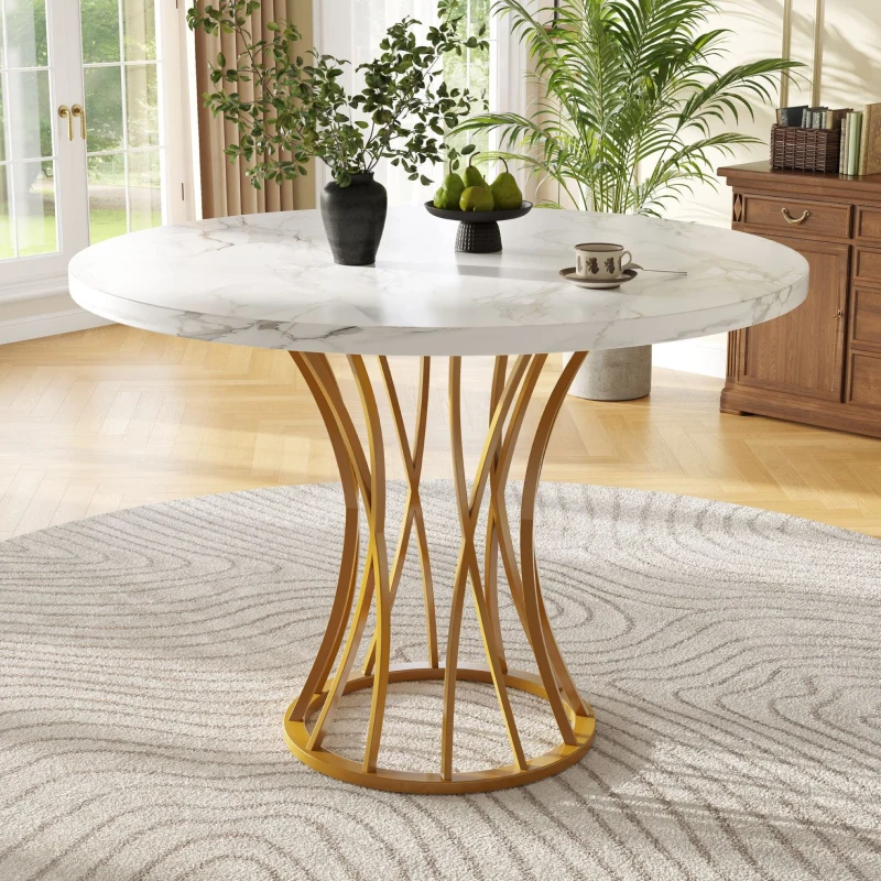 Tavolo da pranzo rotondo per 4 persone con piano in MDF, 80x80x76 cm, Bianco e Oro
