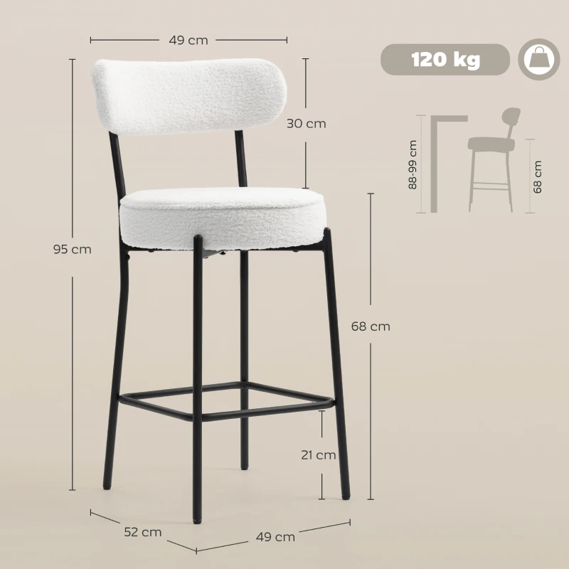 HOMCOM Lot de 2 tabourets de bar en tissu bouclette, chaises de bar avec dossier courbé, repose-pieds, 49x52x95cm, crème