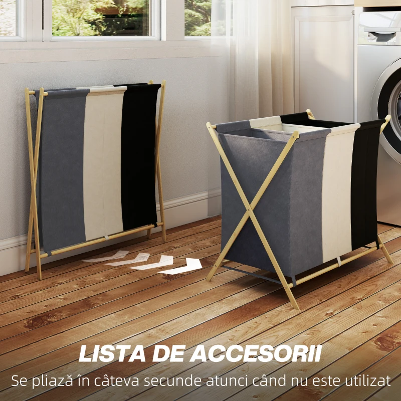 HOMCOM Coș de Rufe Pliabil cu 3 Compartimente, din Bambus și Material cu Efect de In, 75x48x67 cm, Multicolor