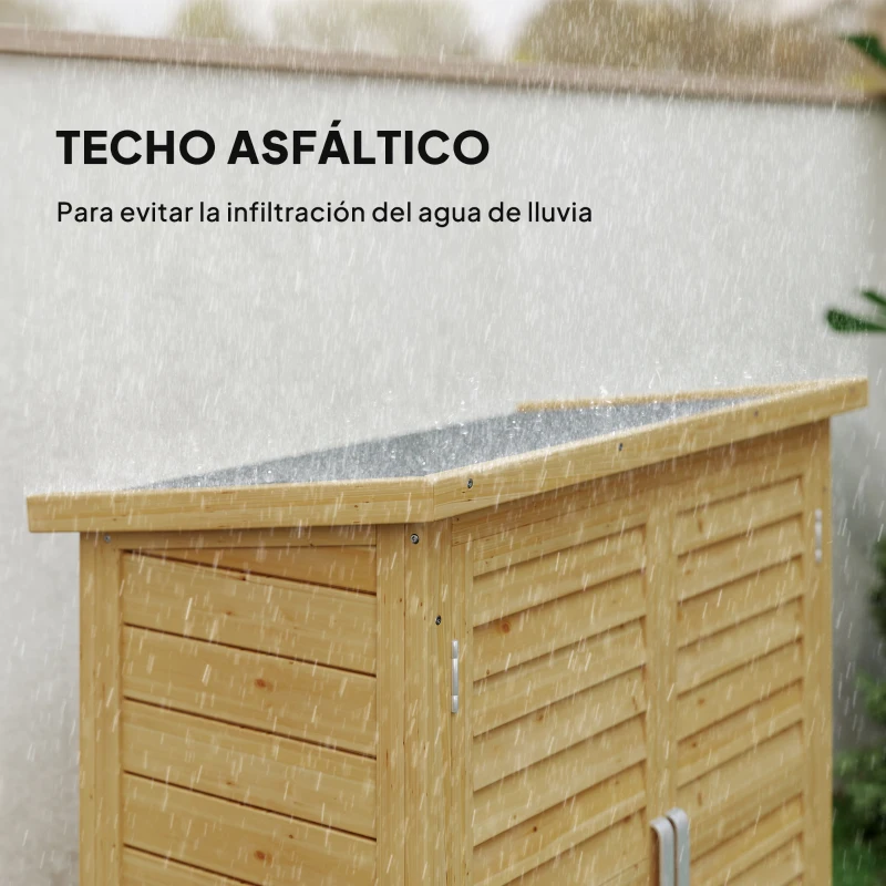 Outsunny Armario para Terraza de Madera con 2 Estantes Interiores 2 puertas de Buena Ventilación y Techo Inclinado para Exterior 87x46,5x96,5 cm Madera Natural