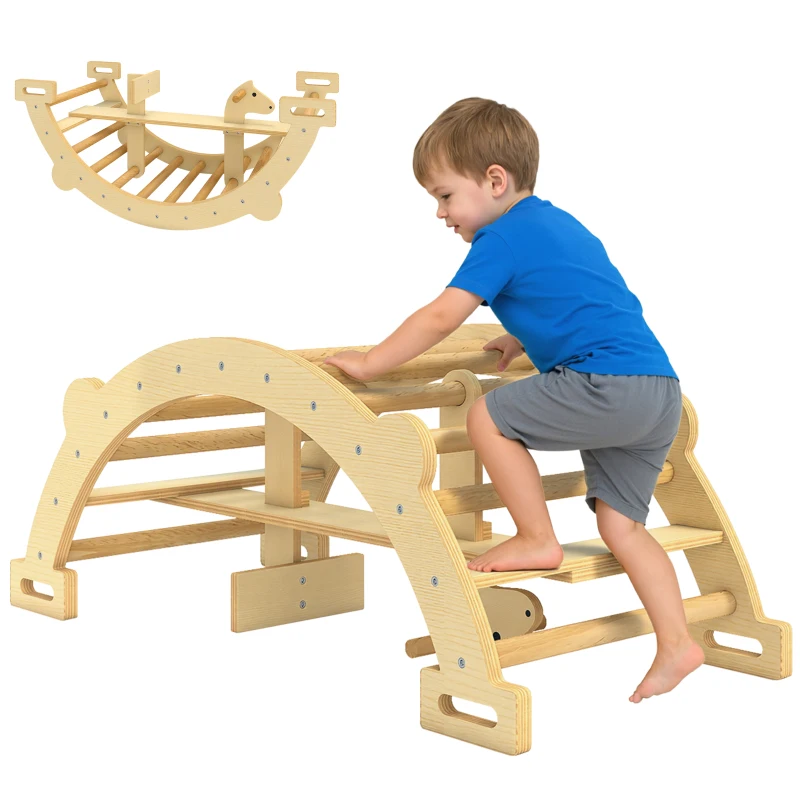 AIYAPLAY Montessori klimrek voor binnen, 2 in 1 klimboog van hout, voor kinderen 2-4 jaar, 110x52x45 cm, naturel hout