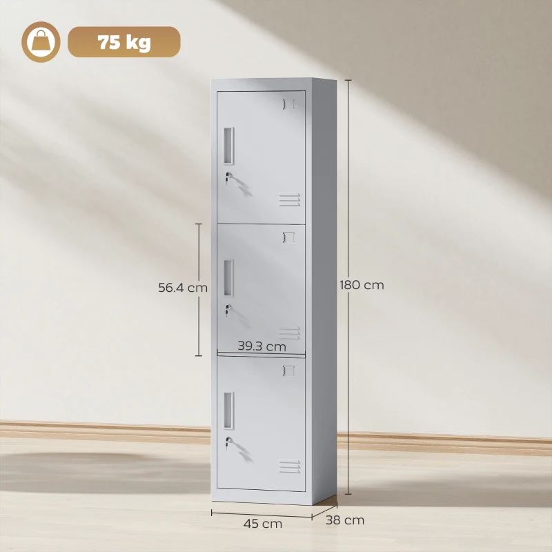 HOMCOM Dulap de birou din oțel cu 3 uși independente cu încuietoare și 2 chei, 45x38x180 cm, gri deschis