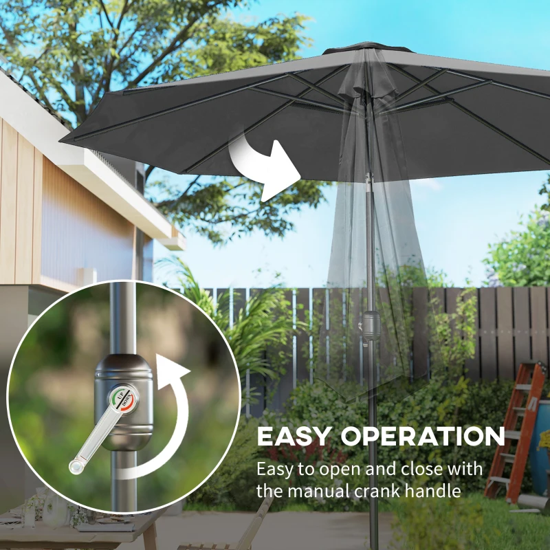 Outsunny 3(m) Tilting Parasol Garden Umbrellas, Outdoor Sun Shade with 8 Ribs, Tilt and Crank Handle for Balcony, Bench, Garden, Dark Grey