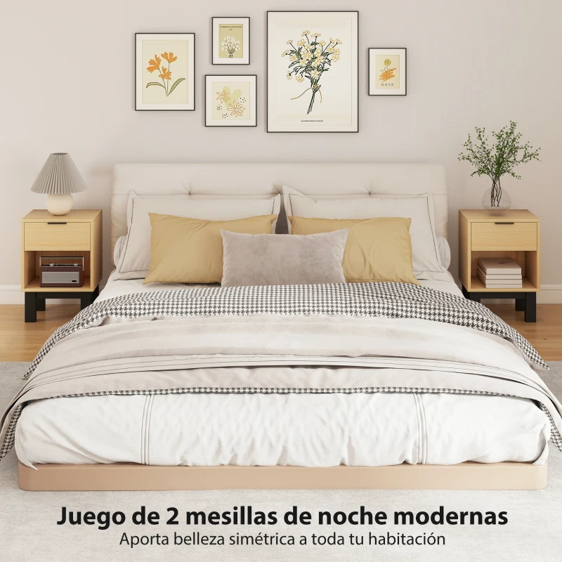 HOMCOM Juego de 2 Mesitas de Noche Estrechas Mesillas de Noche Modernas con Cajón Estante Abierto 35x26x50 cm Roble
