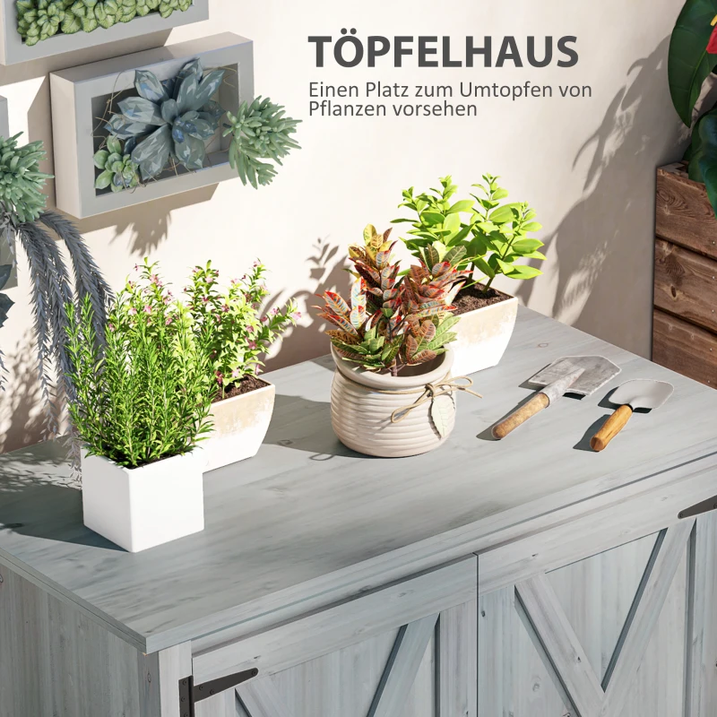 Outsunny Tuinkast, Houten Schrank voor Tuingereedschap, Buitenkast voor Terras, met Dubbele Deuren, Schuurontwerp, Lichtgrijs