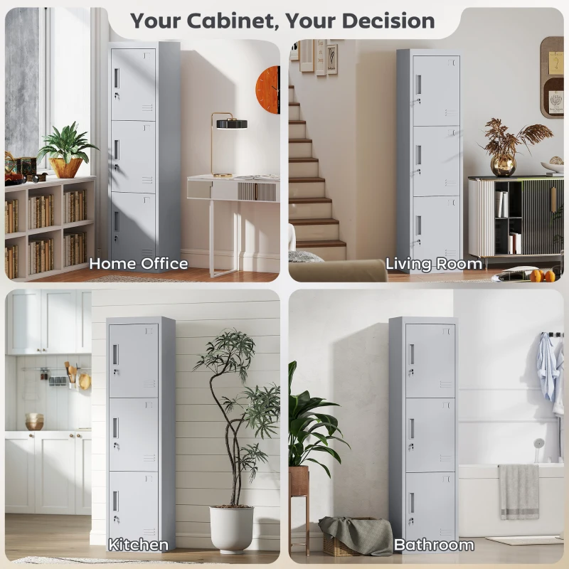 HOMCOM Dulap de birou din oțel cu 3 uși independente cu încuietoare și 2 chei, 45x38x180 cm, gri deschis