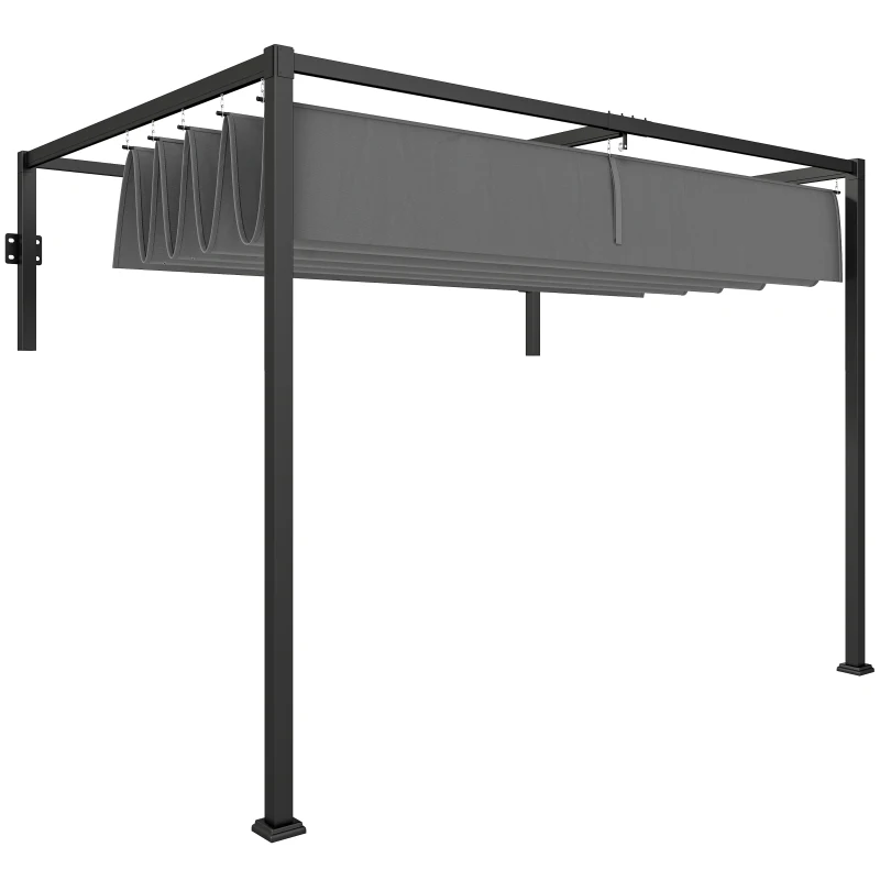 Outsunny Pérgola de Parede 297x211x220 cm Pérgola de Jardim com Teto Retrátil e Estrutura de Aço Pérgola para Pátio Exterior Cinza Escuro