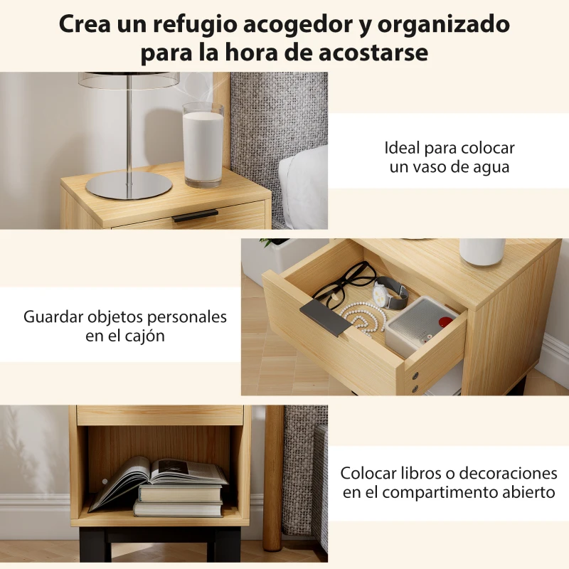 HOMCOM Juego de 2 Mesitas de Noche Estrechas Mesillas de Noche Modernas con Cajón Estante Abierto 35x26x50 cm Roble