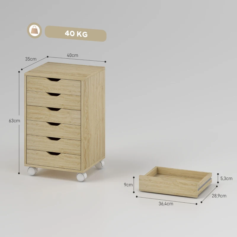 HOMCOM Caisson de bureau Classeur mobile 6 tiroirs Roulettes Glissières silencieuses pour Bureau Maison Chêne