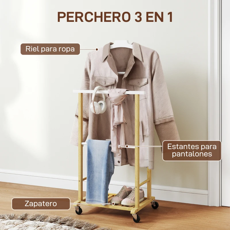 HOMCOM Galán de Noche Bambú con Ruedas Percha Superior Barras para Pantalones y Balda Inferior para zapatos Natural y Blanco