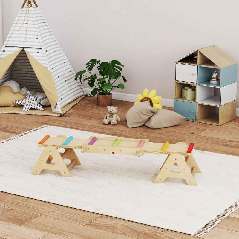AIYAPLAY Bascule en bois et poutre d'équilibre, 2 en 1, bascule pour enfants 2-4 ans, 133 x 38 x 24 cm, multicolore