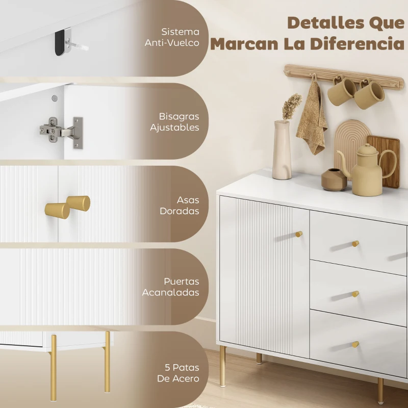 HOMCOM Aparador Moderno de 2 Puertas Aparador de Salón con 3 Cajones Estantes Ajustables Blanco 120x39,1x76 cm