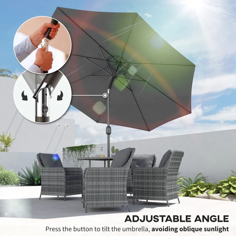 Outsunny 3(m) Tilting Parasol Garden Umbrellas, Outdoor Sun Shade with 8 Ribs, Tilt and Crank Handle for Balcony, Bench, Garden, Dark Grey