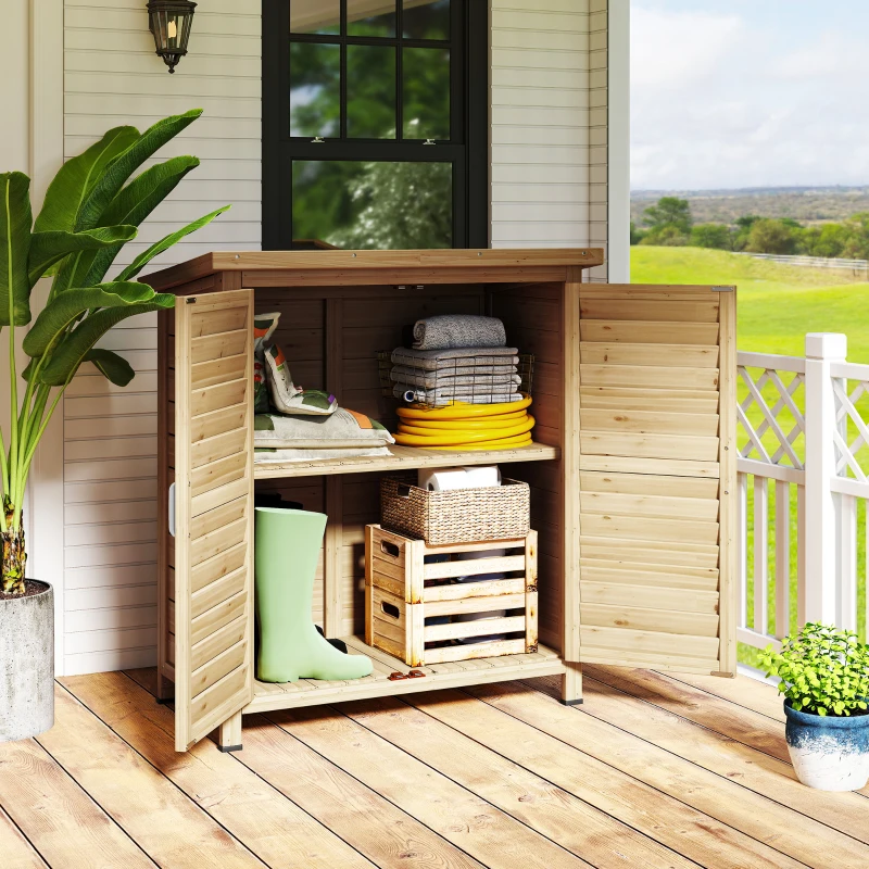 Outsunny Armario para Terraza de Madera con 2 Estantes Interiores 2 puertas de Buena Ventilación y Techo Inclinado para Exterior 87x46,5x96,5 cm Madera Natural