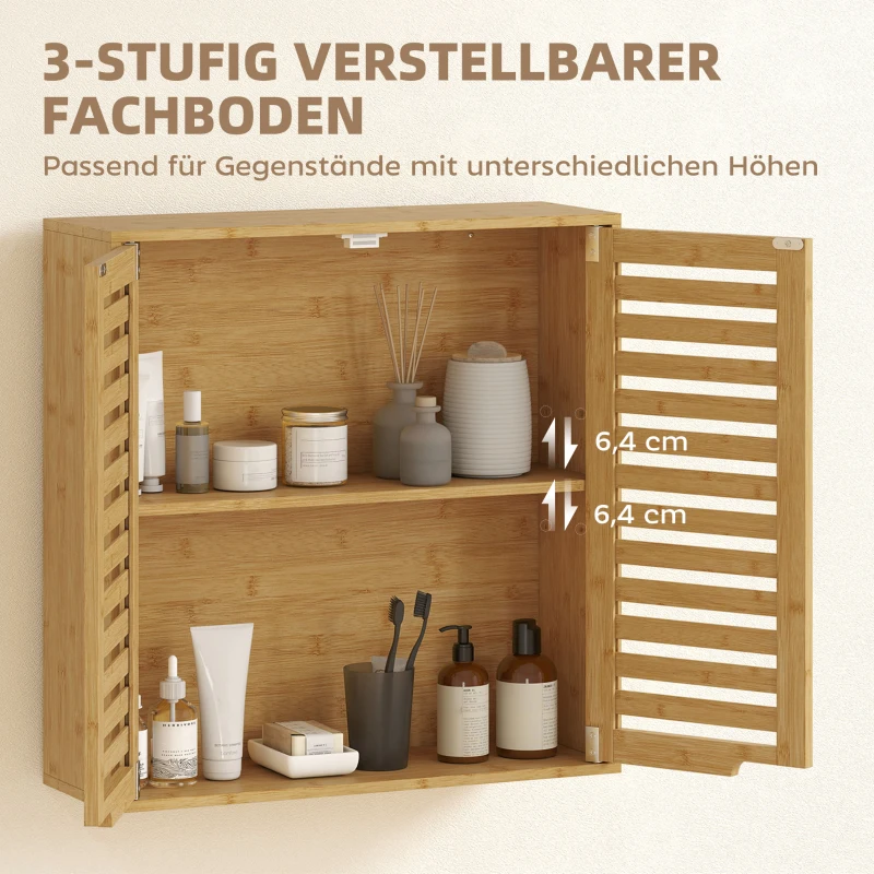 HOMCOM Badezimmerschrank Hängeschrank aus Bambus mit atmungsaktiv Lamellentüren, verstellbar Ablage 60 x 20 x 60 cm Naturholz