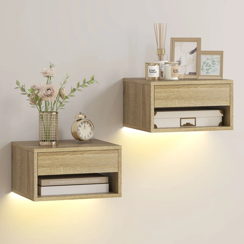 HOMCOM Set di 2 Comodini Sospesi con Luci LED RGB Controllo APP Cassetto Ripiano Aperto Naturale