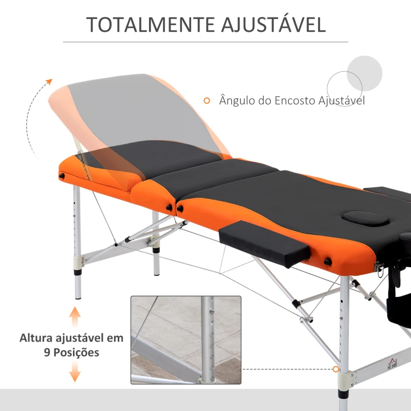 HOMCOM Marquesa de Massagem Dobrável e Portátil com Altura Ajustável e Apoio para a Cabeça 180x60x62-82 cm Laranja e Preto