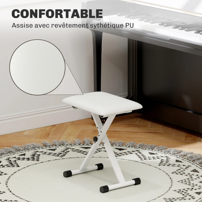 HOMCOM Tabouret piano pliable, banc piano réglable en hauteur, siège rembourré en PU, 39 x 29 x 37-47 cm, blanc