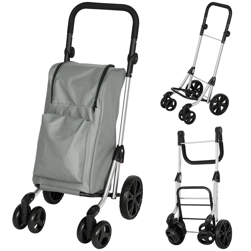 HOMCOM Carrito de Compra Plegable de 46 L Carro 3 en 1 con 6 Ruedas Bolsa Térmica y Asa Ajustable 44x58x100 cm Gris