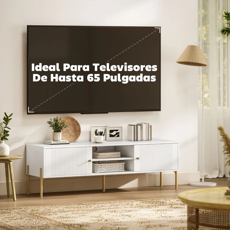 HOMCOM Mueble de TV Moderno con 2 Puertas 2 Estantes Abiertos Orificios Pasacables para TV 65 Pulgadas 140x38x45,9 cm Blanco