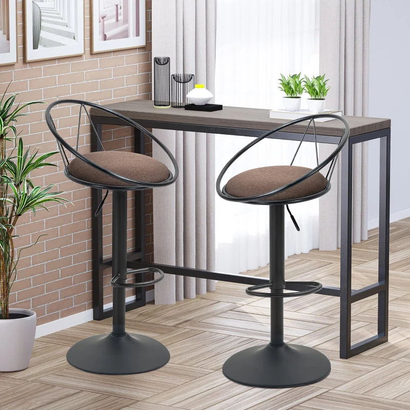 HOMCOM Lot de 2 tabourets de Bar Design néo-rétro réglable pivotant avec Repose-Pied métal Noir Lin Marron