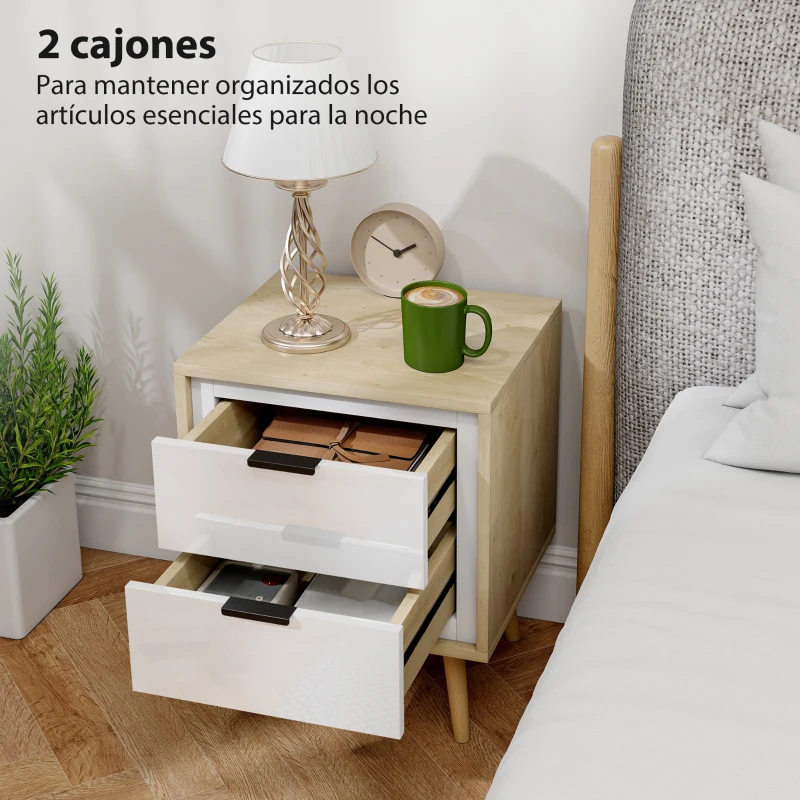 HOMCOM Juego de 2 Mesitas de Noche Modernas con 2 Cajones con Deslizamiento Silencioso 40x35x50 cm Blanco Brillo y Roble