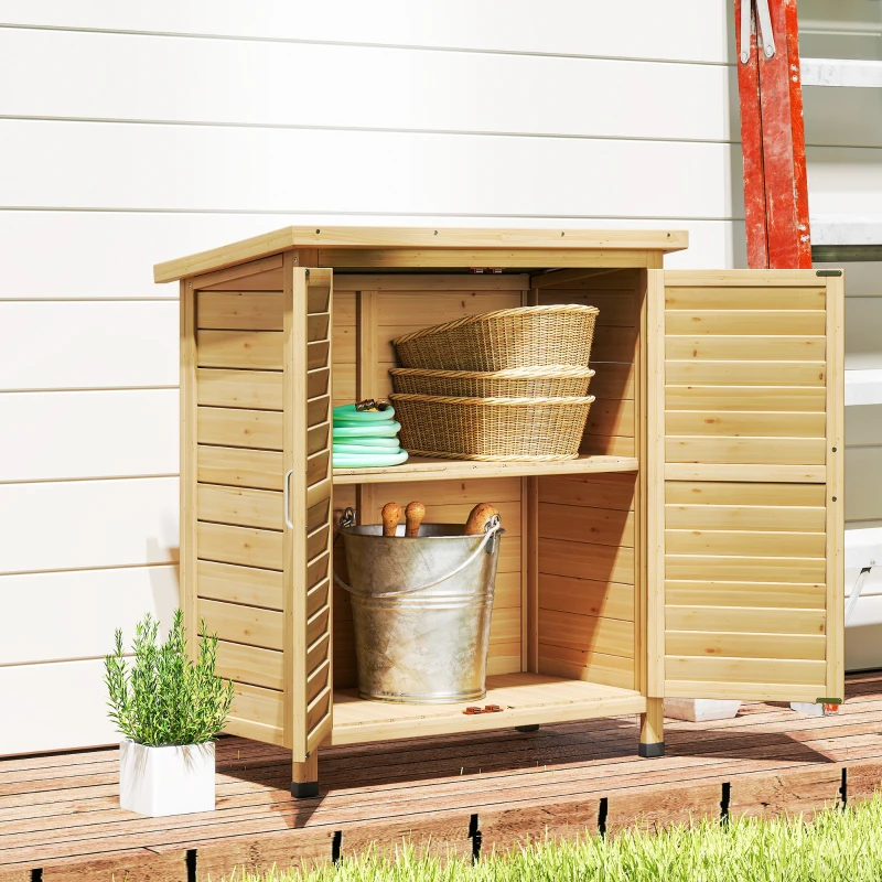 Outsunny Armario para Terraza de Madera con 2 Estantes Interiores 2 puertas de Buena Ventilación y Techo Inclinado para Exterior 87x46,5x96,5 cm Madera Natural