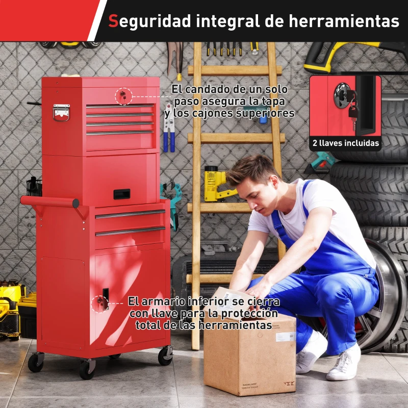HOMCOM Carro de Herramientas con 6 Cajones y Cerraduras Caja de Herramientas de Acero con Ruedas para Taller Garaje Rojo