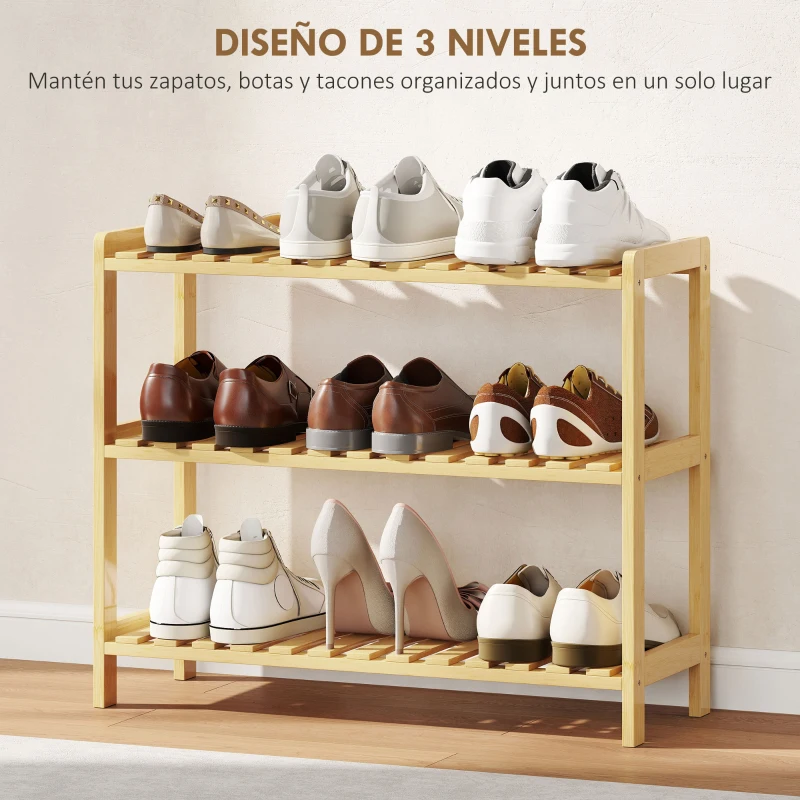 HOMCOM Zapatero de Bambú de 3 Niveles Estantería de Zapatos para 9 Pares para Recibidor Pasillo 70x26x57,5 cm Natural
