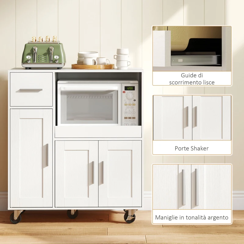 HOMCOM Mobiletto Microonde in Legno con Cassetto, 2 Armadietti, Ripiano Aperto e Piano Regolabile, 80x40x88.7 cm, Bianco