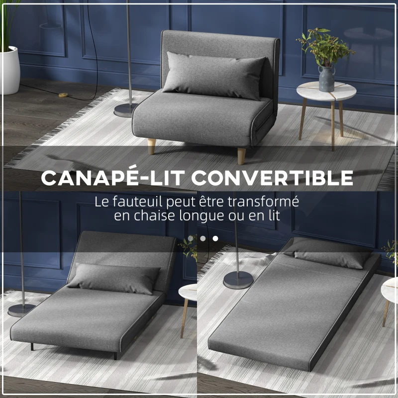HOMCOM Fauteuil convertible 1 place, fauteuil-lit chauffeuse 3 en 1, dossier réglable, oreiller, tissu en lin, 94x78x80cm, gris