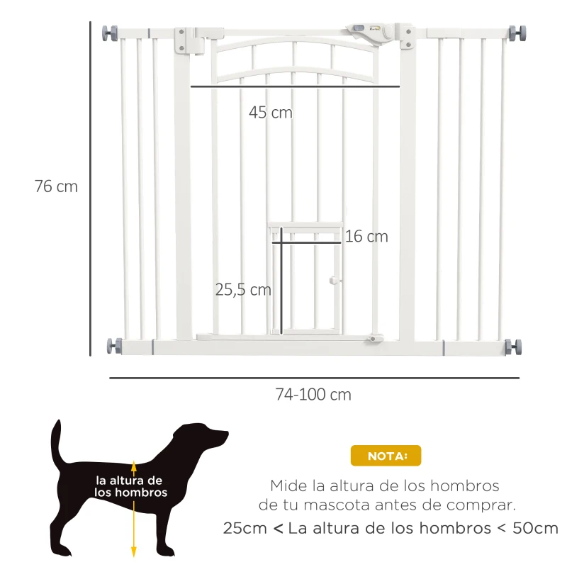 PawHut Barrera de Seguridad para Perros 74-100 cm con Extensión Montaje a Presión Doble Bloqueo para Puerta Escalera Blanco