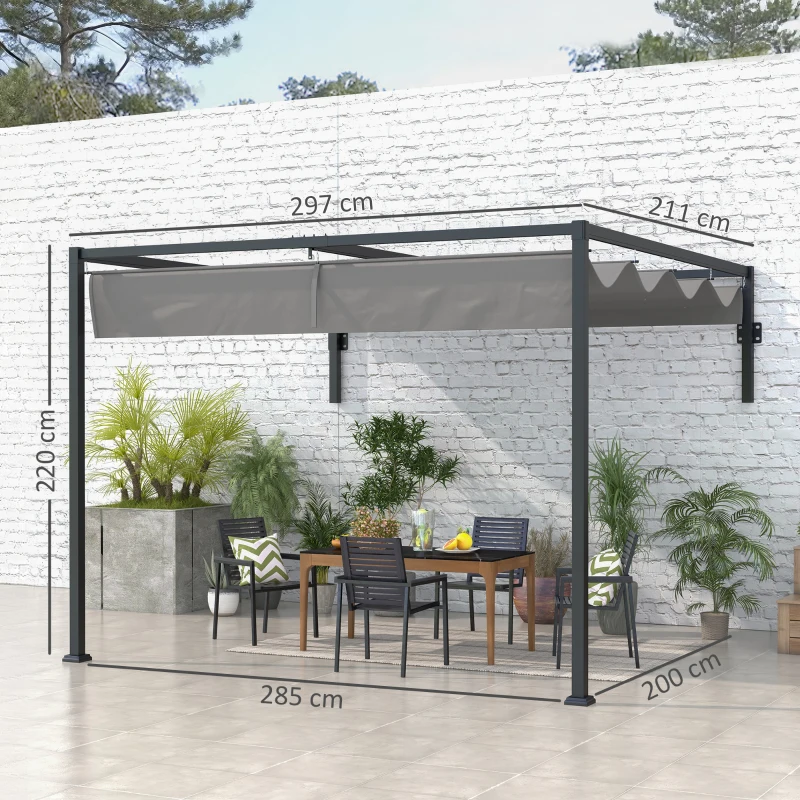Outsunny Pérgola de Parede 297x211x220 cm Pérgola de Jardim com Teto Retrátil e Estrutura de Aço Pérgola para Pátio Exterior Cinza Escuro