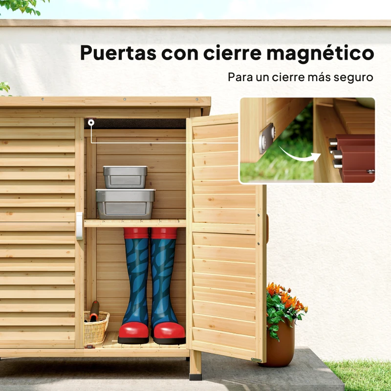 Outsunny Armario para Terraza de Madera con 2 Estantes Interiores 2 puertas de Buena Ventilación y Techo Inclinado para Exterior 87x46,5x96,5 cm Madera Natural