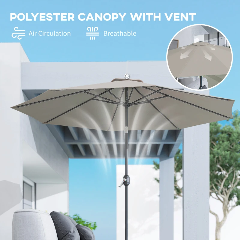 Outsunny 3(m) Tilting Parasol Garden Umbrellas, Outdoor Sun Shade with 8 Ribs, Tilt and Crank Handle for Balcony, Bench, Garden, Light Grey