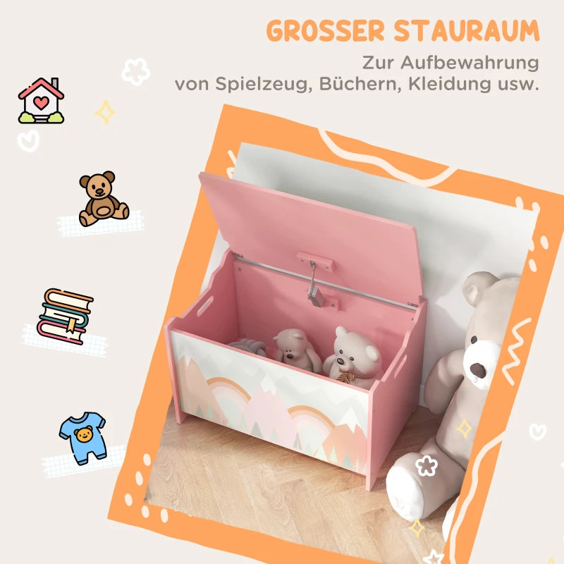 ZONEKIZ Opbergbox met opbergruimte, speelgoedkist met deksel en veiligheidsscharnier, schattig dierenontwerp, 60 x 37 x 39 cm, Roze