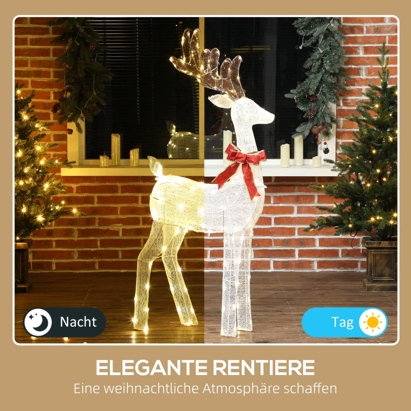 Outsunny Rendier met rode strik, 137 LEDs, kerstverlichting, weerbestendig, 66 x 25 x 135 cm, zilver