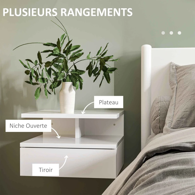 HOMCOM Lot de 2 tables de chevet murales tables de nuit tiroir coulissant, niche, plateau, 35 x 32 x 22,5 cm blanc