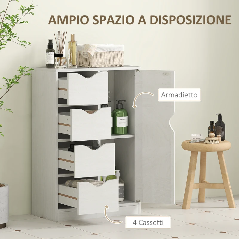 HOMCOM Mobile Bagno con 4 Cassetti, Armadietto a 2 Livelli e Maniglie Ritagliate, in Legno, 54x29x83 cm, Bianco
