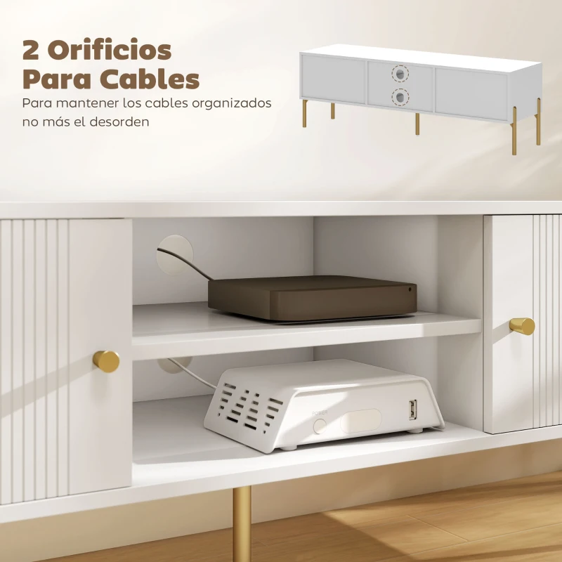 HOMCOM Mueble de TV Moderno con 2 Puertas 2 Estantes Abiertos Orificios Pasacables para TV 65 Pulgadas 140x38x45,9 cm Blanco