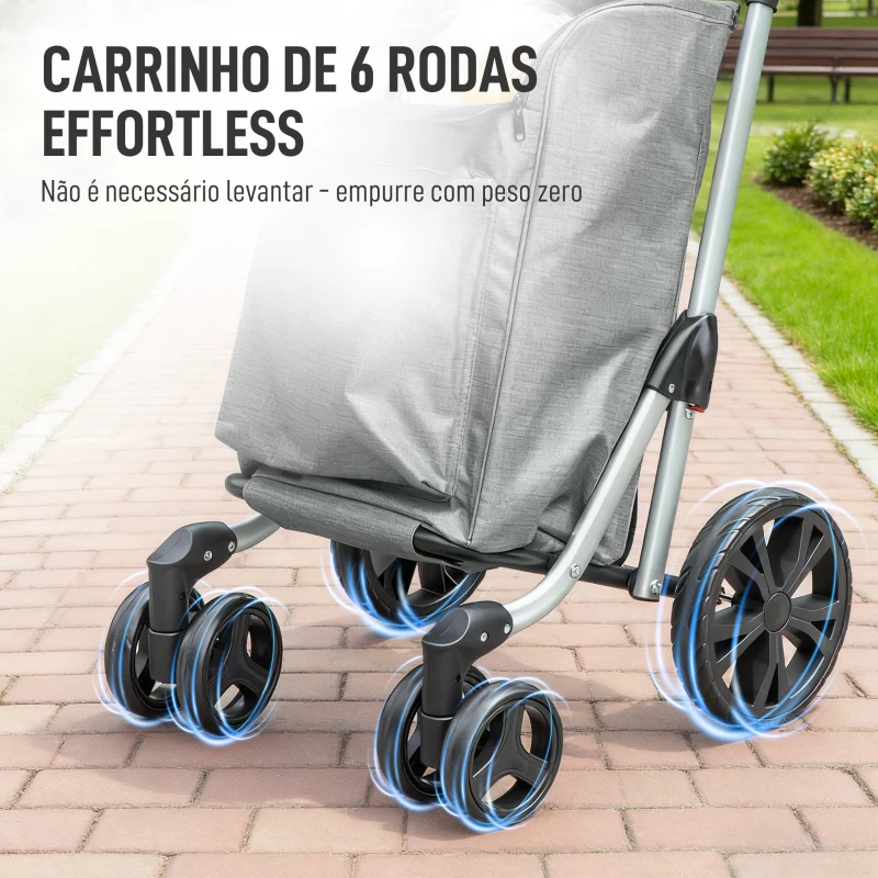 HOMCOM Carrinho de Compras Dobrável de 46 L de Alumínio com Saco Térmico 3 em 1 com 6 Rodas e Asa Ajustável 44x58x100 cm Cinzento