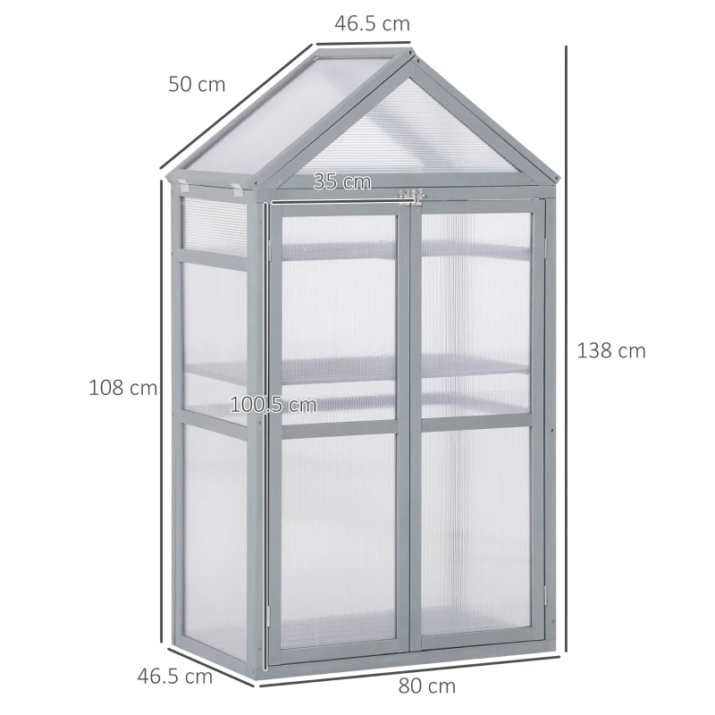 Outsunny Garden Cold Frame Polycarbonate Greenhouse with Adjustable Shelves, Double Doors, Openable Top Covers, Grow House for Flower Vegetable Plants, 80 x 47 x 138cm, Grey