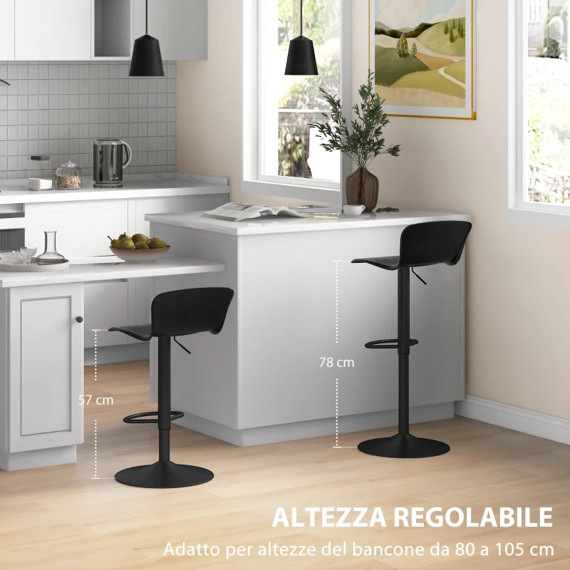 HOMCOM Set 2 Sgabelli Alti da Bar Moderno con Schienale Ergonomico, Girevoli e con Altezza Regolabile, Seduta in polipropilene, Nero | Aosom Italy