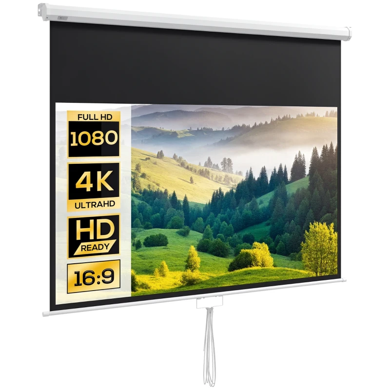 HOMCOM Telo Proiettore 80" 16:9 con Corda di Regolazione, in Plastica e Metallo, 187x8x150 cm, Bianco