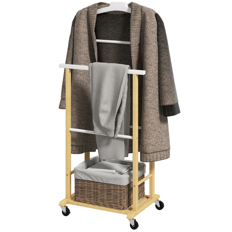 HOMCOM Galán de Noche Bambú con Ruedas Percha Superior Barras para Pantalones y Balda Inferior para zapatos Natural y Blanco