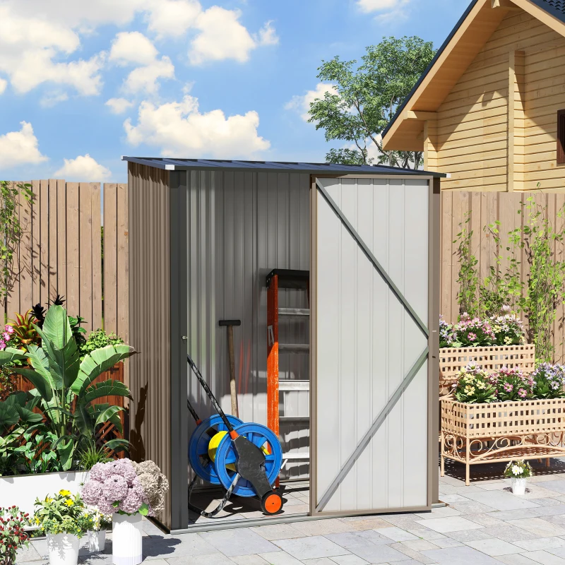 Outsunny 5.3ft× 3.1ft Outdoor Storage Shed, Steel Garden Shed with Single Lockable Door, Tool Storage Shed for Backyard, Patio, Lawn, Brown