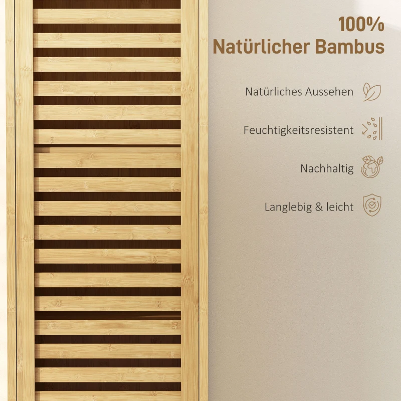 HOMCOM Badezimmerschrank schmal, Hochschrank mit 3 offenen Regalen, verstellbaren Regalen, Lamellentür, 34 x 30 x 170 cm Natur